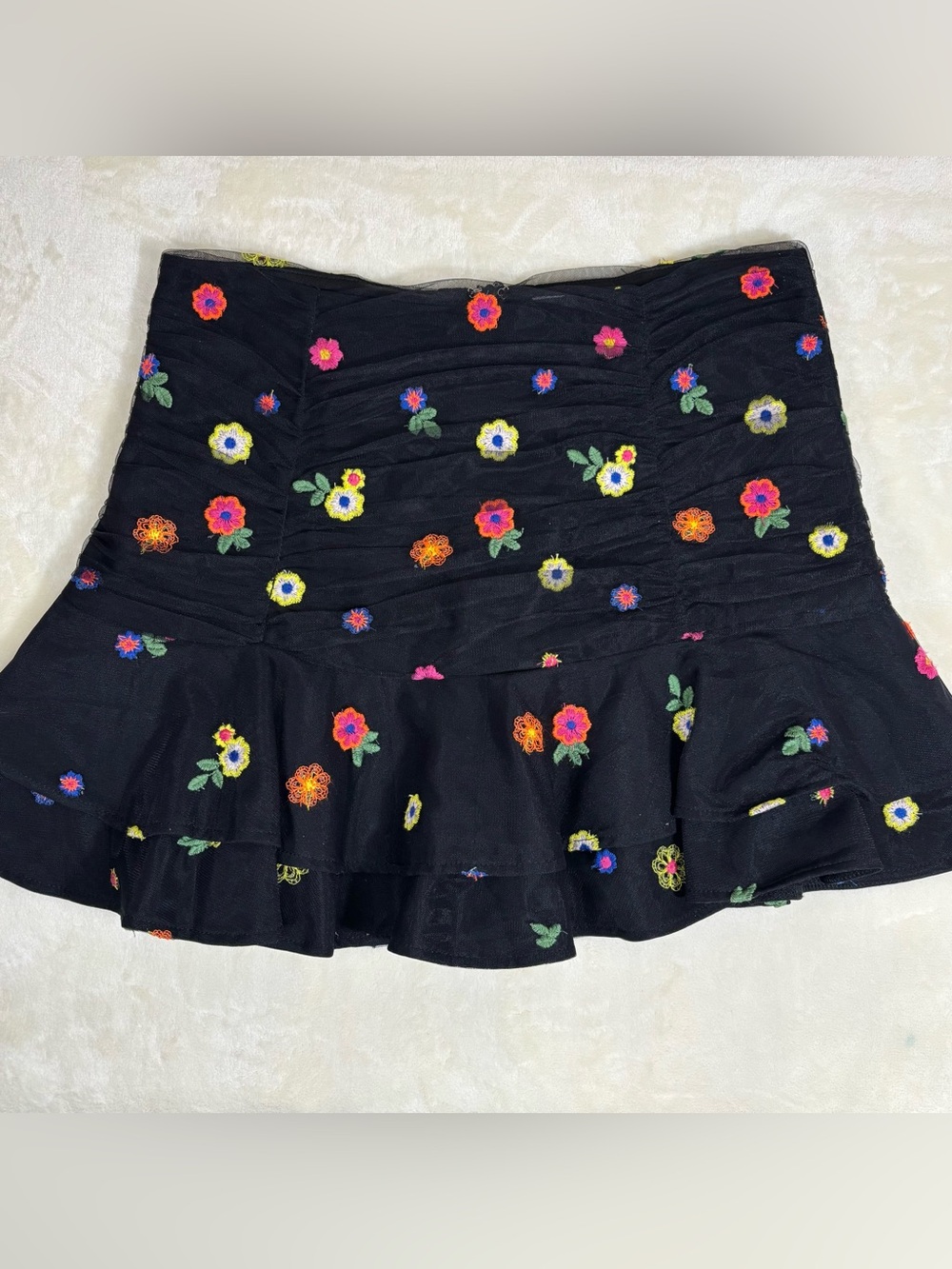 TCEC Women’s Black Ruffled Skort with Multicolor Floral Embroidery Sheer Rushed